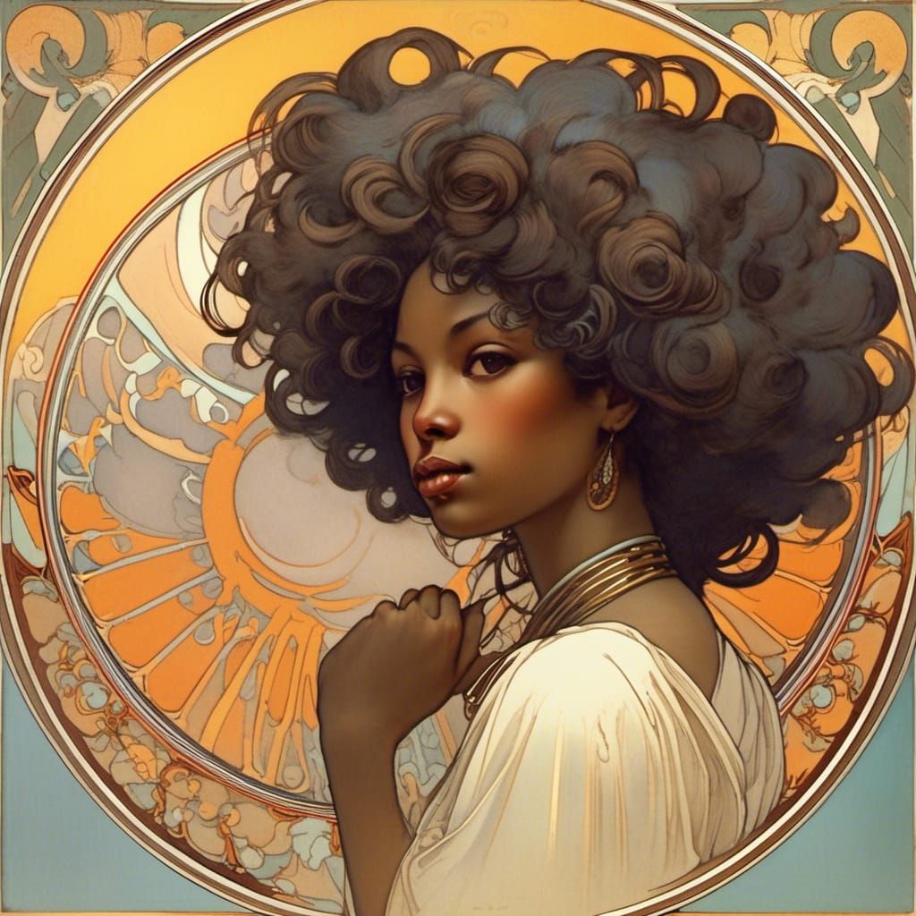 African American Woman with Afro in Art Nouveau Style