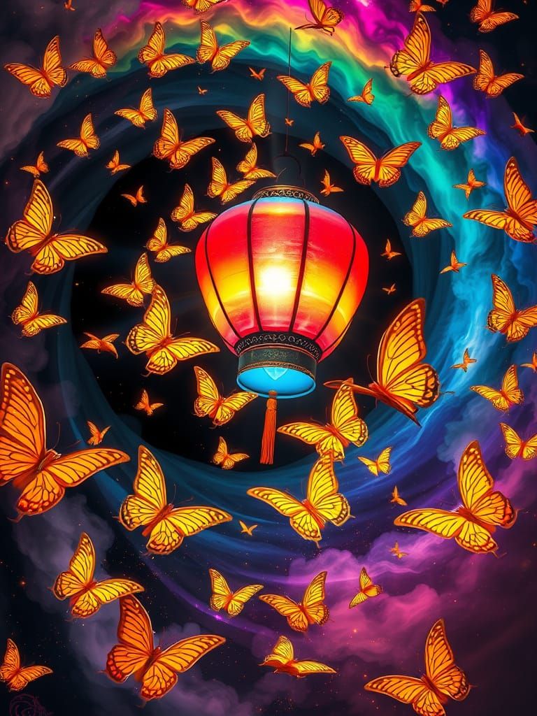 Rainbow Lantern and Gilded Butterflies in Liquid Twister