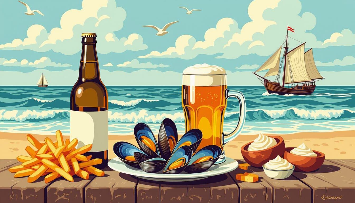 Belgian Mussels, Fries, Beer: Coastal Scene in Ligne Clair S...