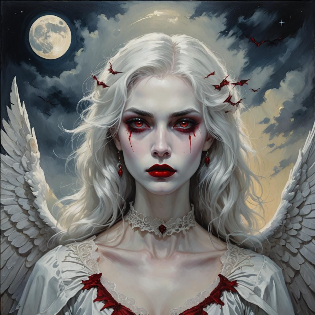 Pale Vampire Angel in Moonlit Oil Painting Style