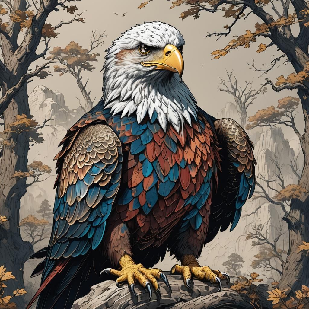 Eagle Line Drawing in Three Colors