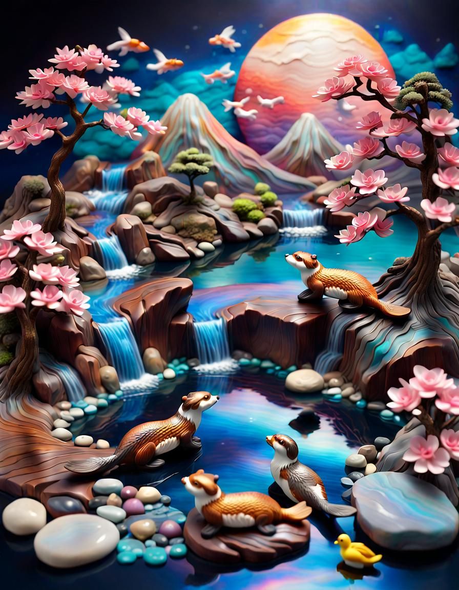 Polymer Clay Otters in a Cosmic Mountain Lake