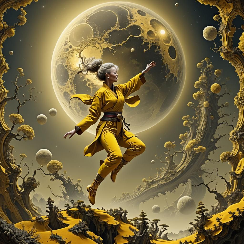 Fractal Art: Martial Artist Monk Jumps Near Planet