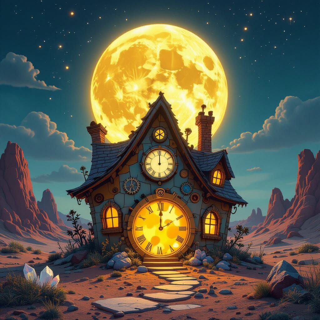 Surreal Clockwork House Under a Giant Cheese Moon on Mars