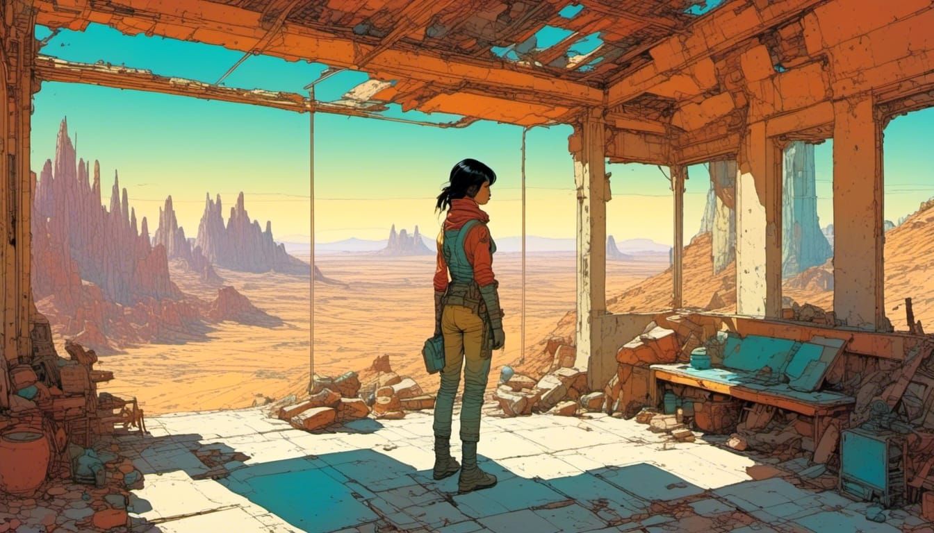 Filipina on Veranda in Desert Landscape, Moebius Style