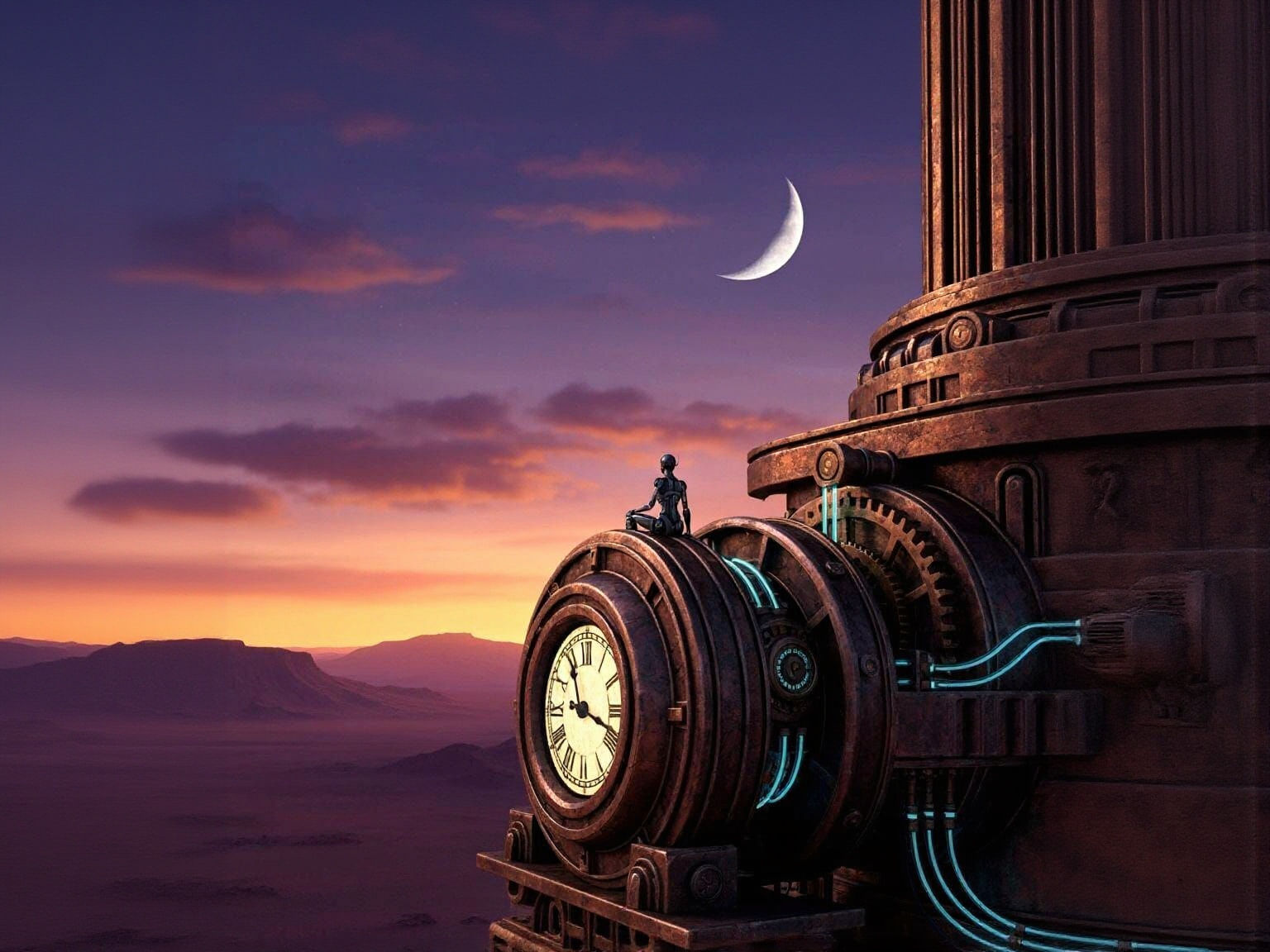 Female Robot on Ancient Clockwork Automaton Overlooking Dese...