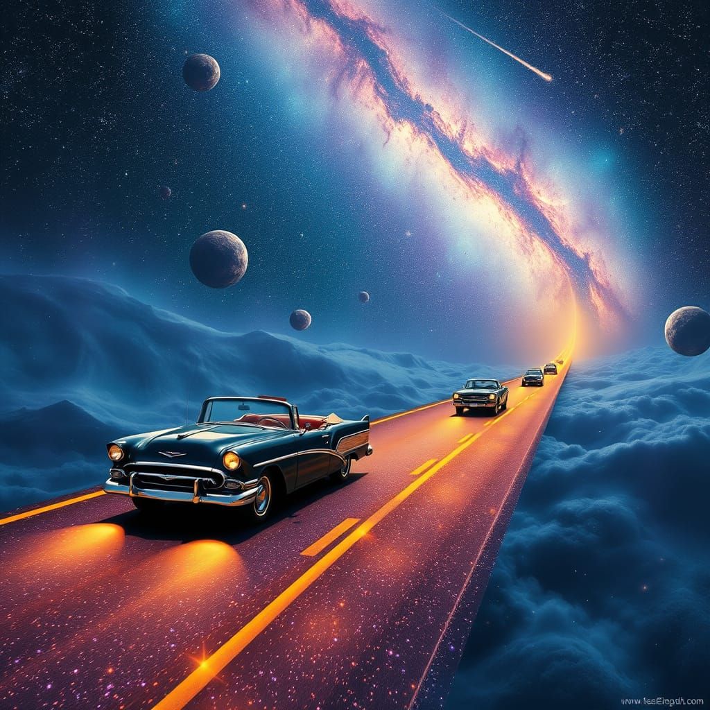 Vintage Cars Cruise Cosmic Highway Through Starry Space