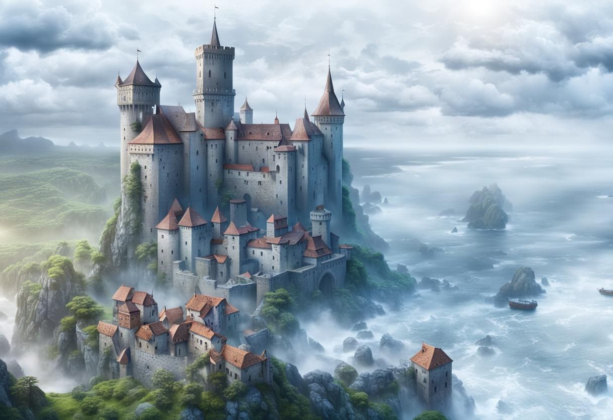 Aerial View of Medieval Seaside Castle on Rainy Day