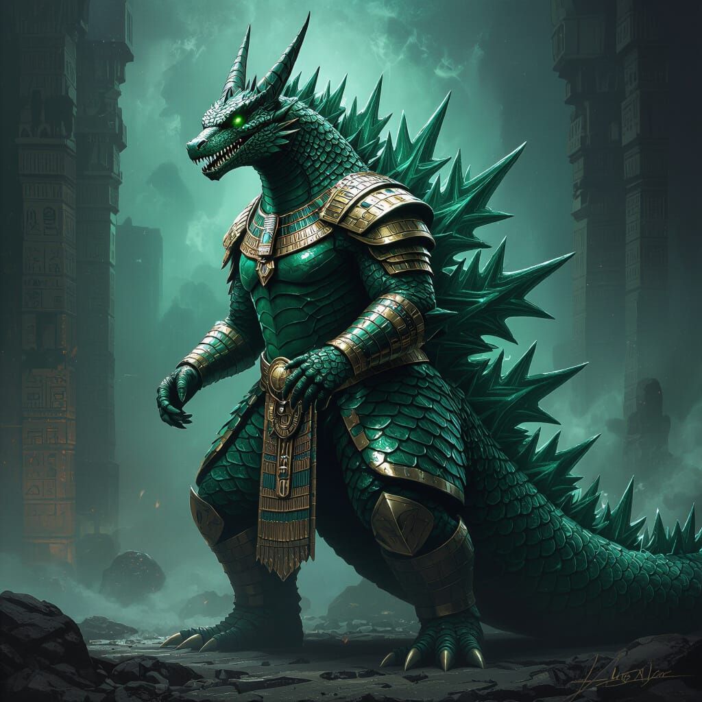 Emerald Anubis Godzilla Dragon in Surrealist Style