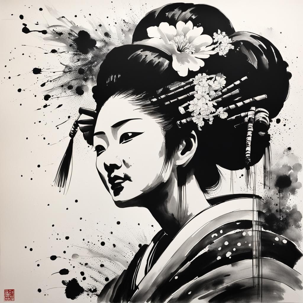 Geisha in Sumi-e Ink Painting Style