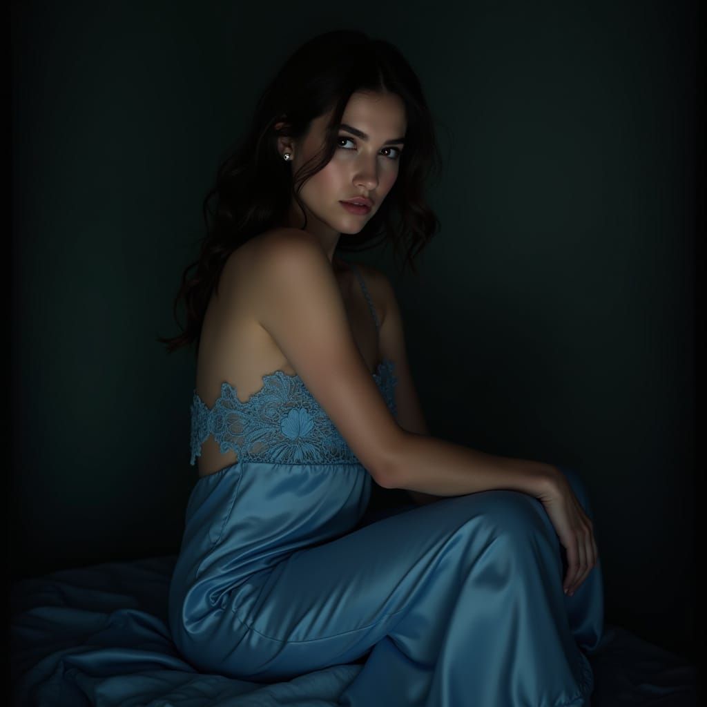 Ethereal Brunette Goddess in Velvet Blue Romper