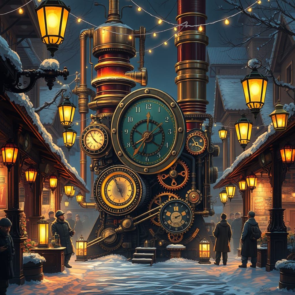 Whimsical Steampunk Winter Wonderland at Night