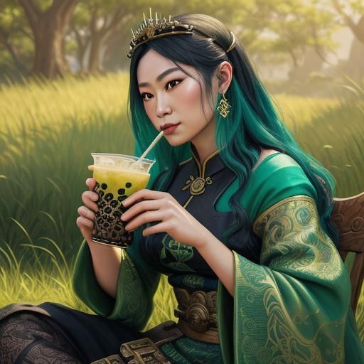 Boba Tea Queen in Emerald Garden: Digital Art