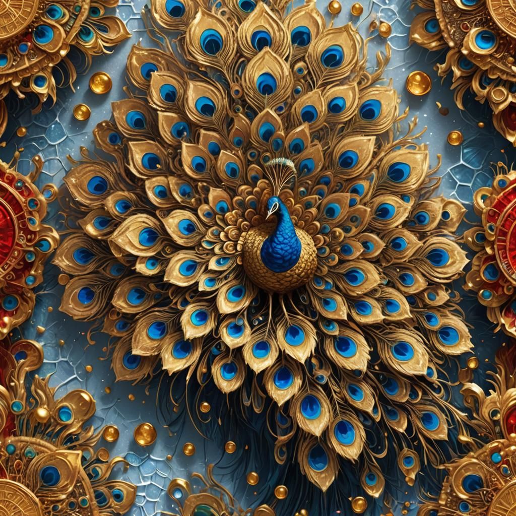 Golden Bitcoin Peacock on Ice, Detailed Digital Art