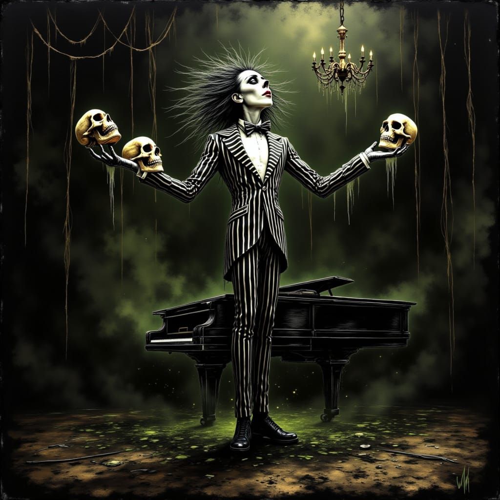 Beetlejuice Juggles Skulls on Piano in Gothic Room