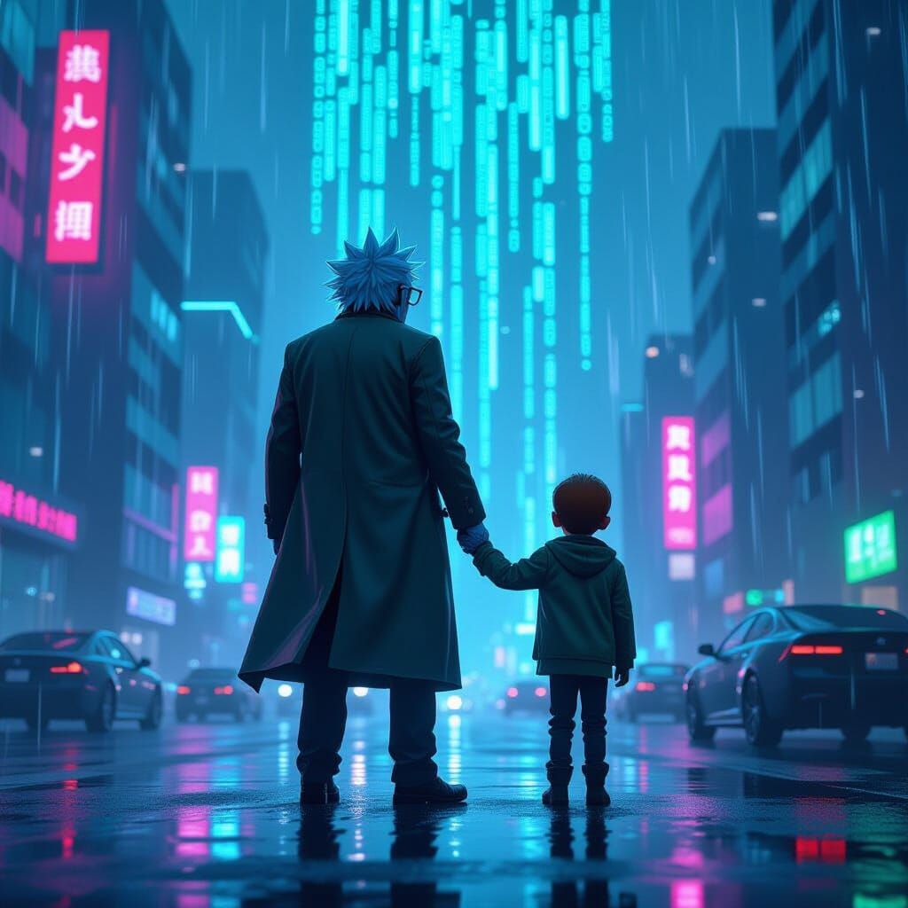 Rick & Morty in Matrix Cityscape, Cyberpunk Style