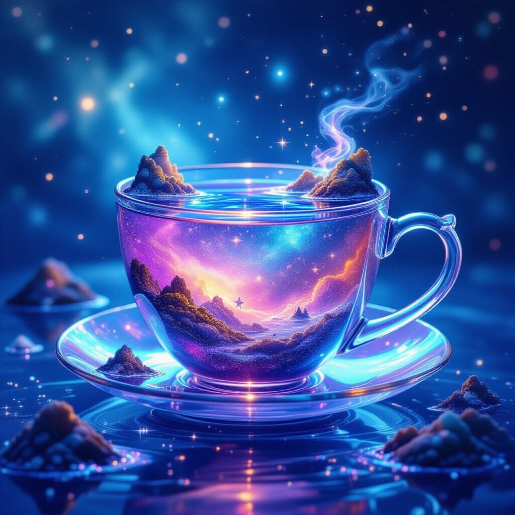 Whimsical Sea Glass Teacup Nebula with Floating Islands