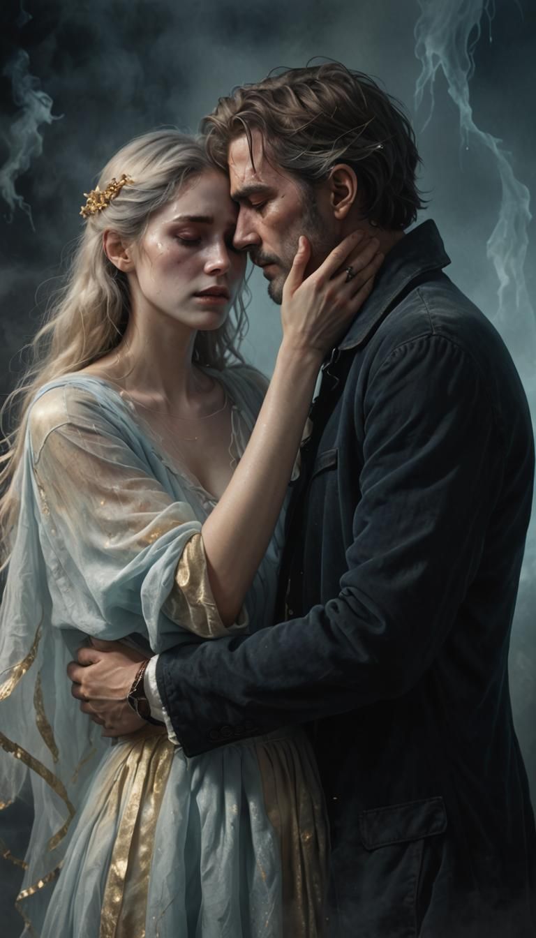 Heartbroken Man Hugs Ghost in Romantic Digital Art