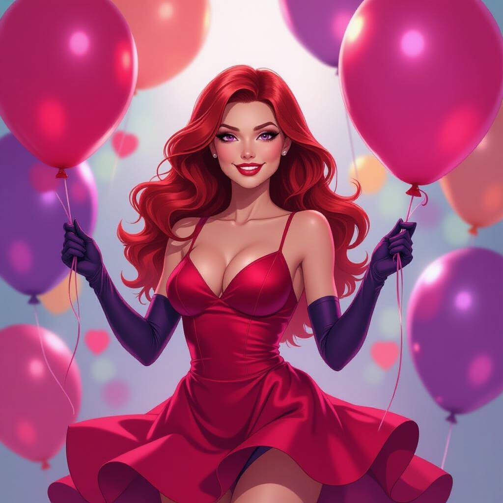 Scarlet Witch Teasing Balloons in Futuristic Style