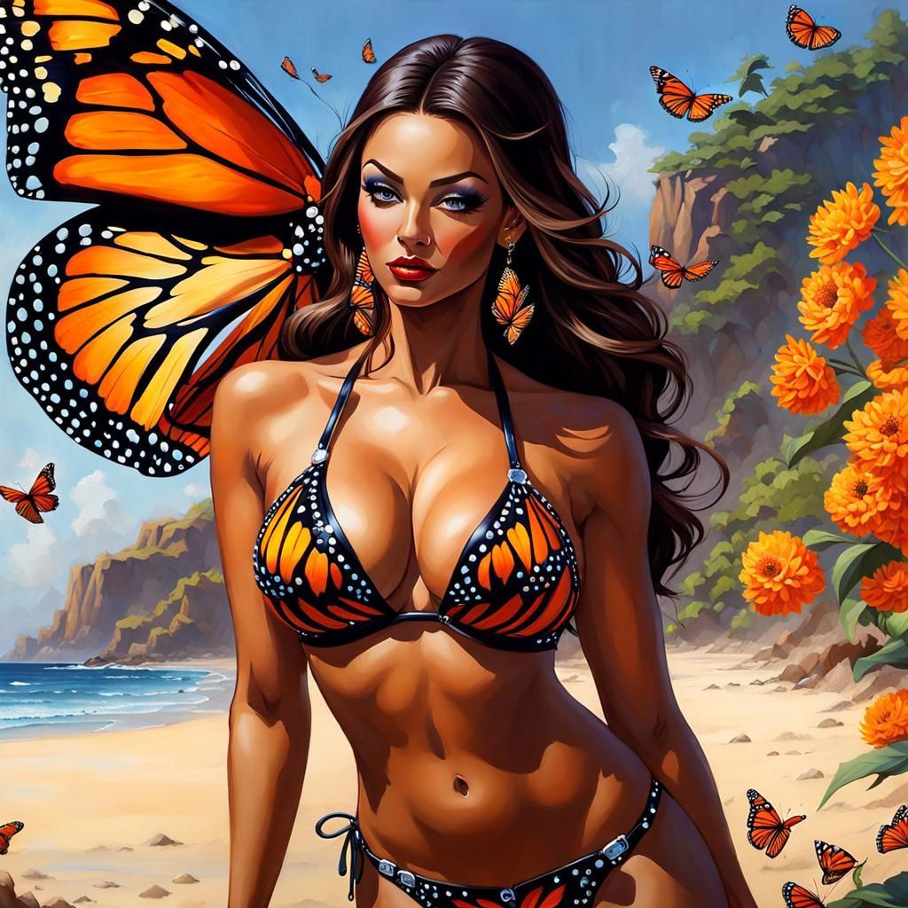 Monarch Butterfly Girl Portrait in Gouache Style