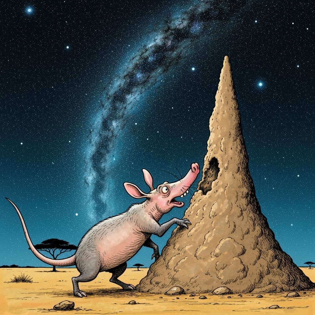 Whimsical Aardvark Digging in Starry Night
