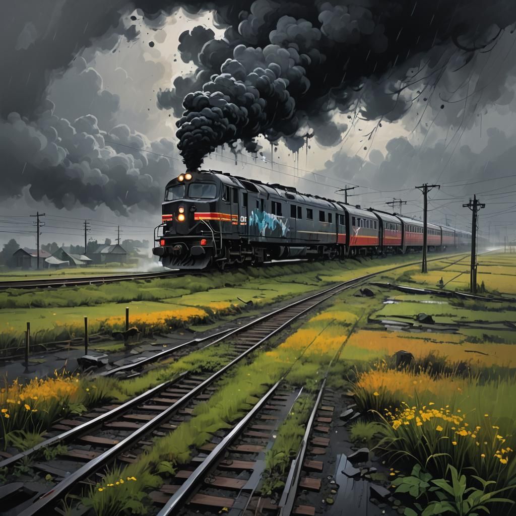 Train Through Fields at Night in Graffiti Art Style