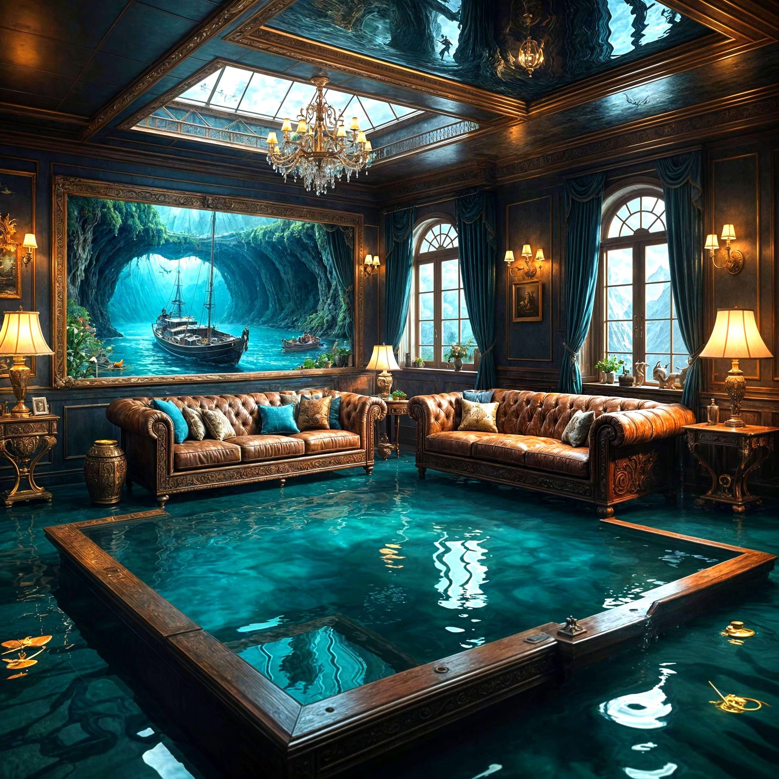 Surreal Living Room Transformed into Watery Scene