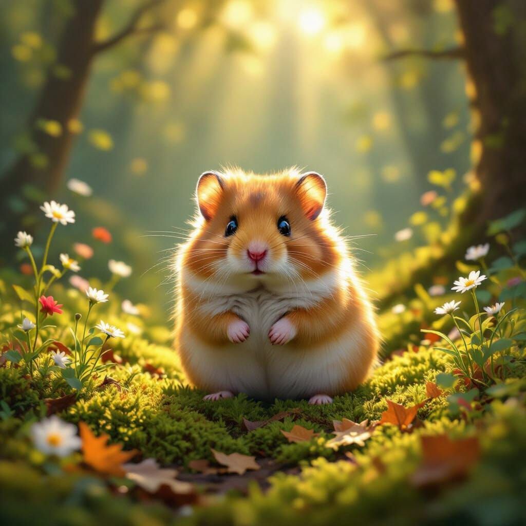 Golden Hamster in Sun-Dappled Forest Clearing