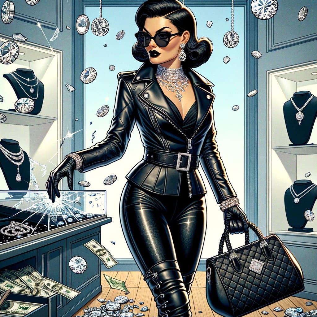 Confident Jewel Thief in Black Leather Outfit