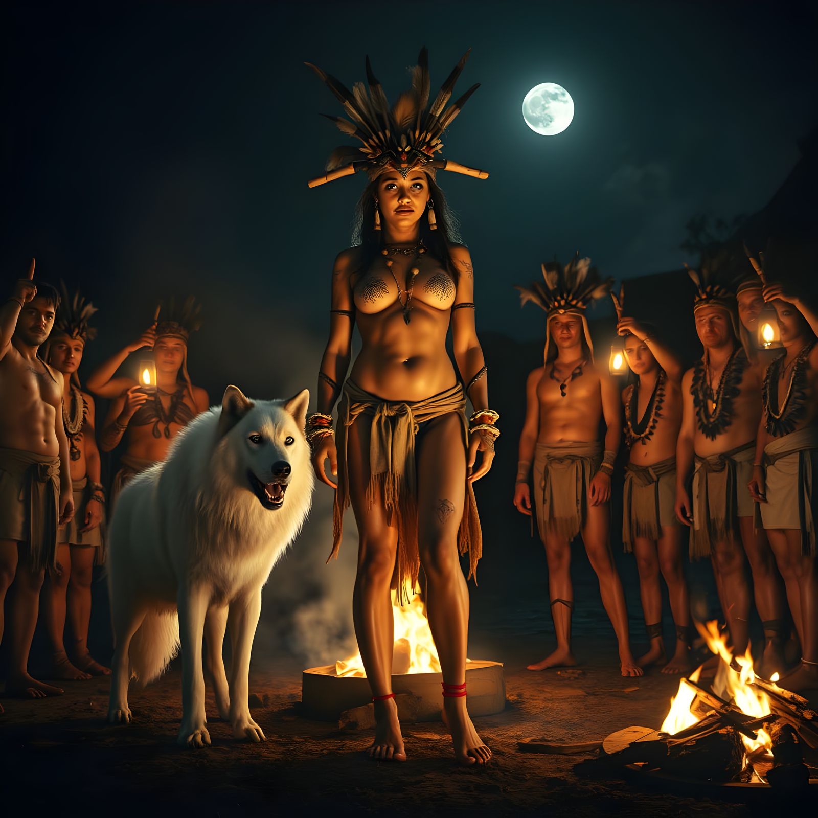 Sensual Witch Basks in Firelight, Tribal Markings and Jewelr...