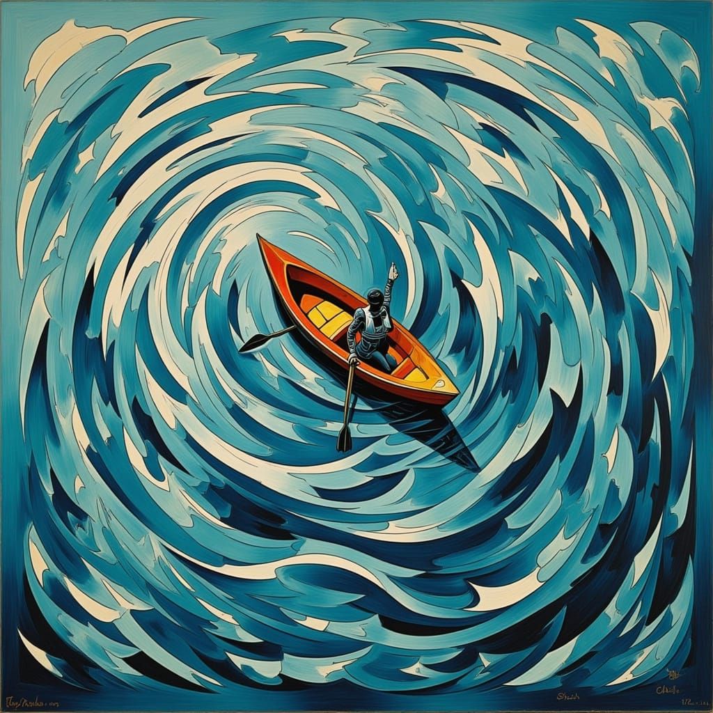 Cubist Landscape with Rowing Figure in Turbulent Water