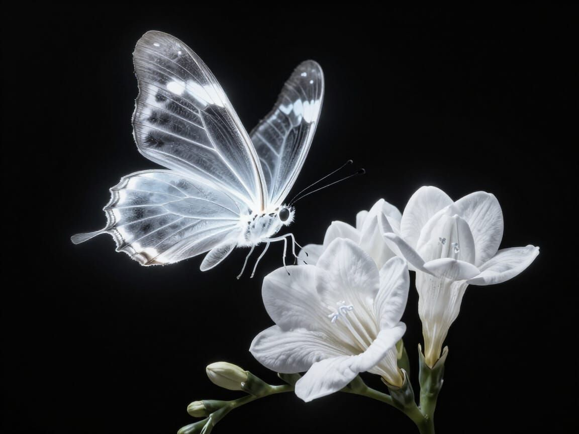 Luminous Butterfly and Freesia in High-Contrast Ethereal Sty...