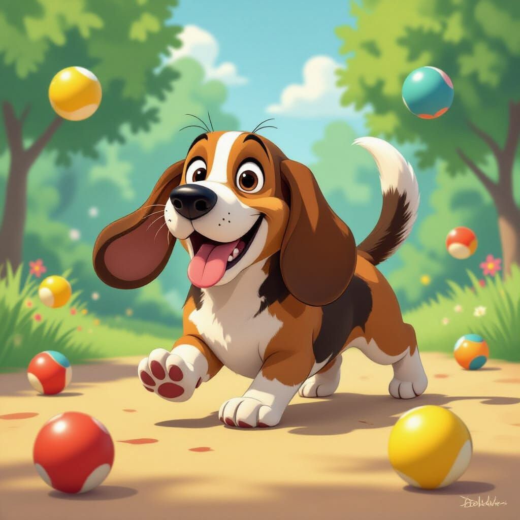 Whimsical Basset Hound Chasing Bouncy Balls in Cartoon Style