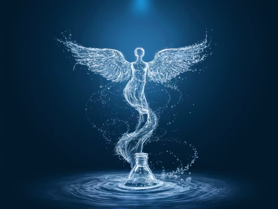 Water Angel Emerging from a Bottle in Serene Blue Depths