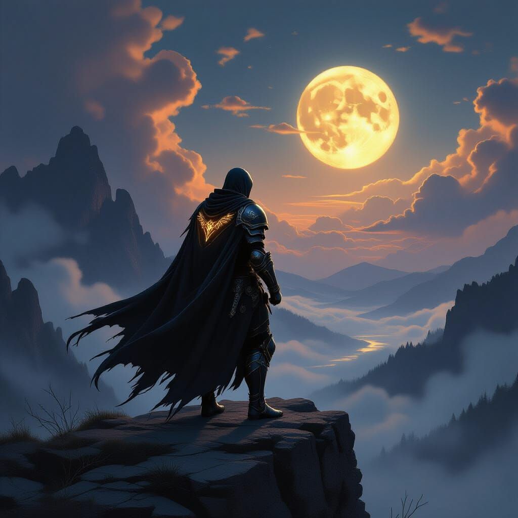 Dark Knight Overlooking Misty Valley in Photorealistic Style