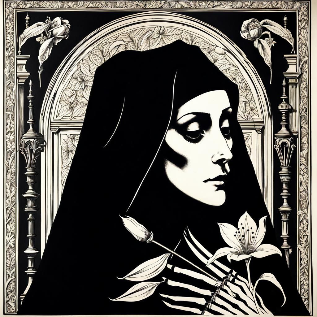 Skeleton Nun with Lily in Renaissance Style