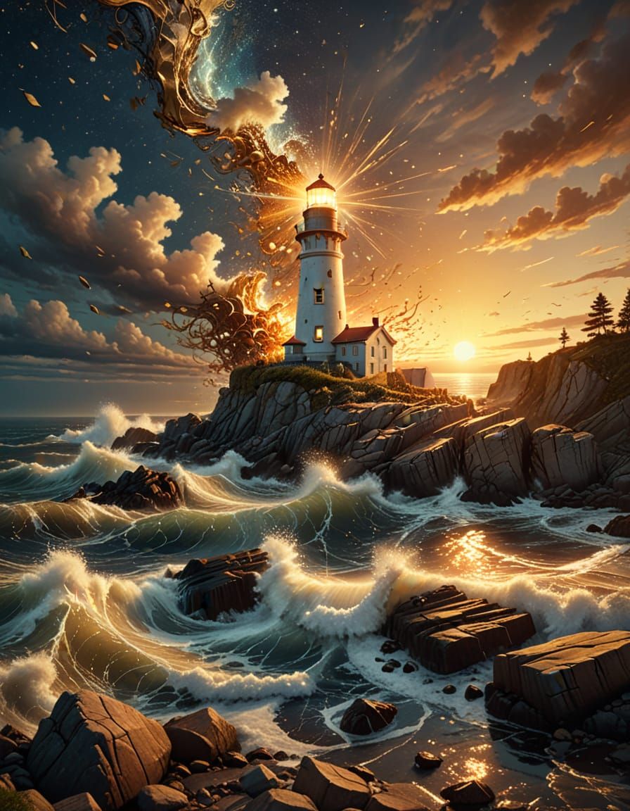 Dreamlike Lighthouse on Rocky Coast at Golden Hour