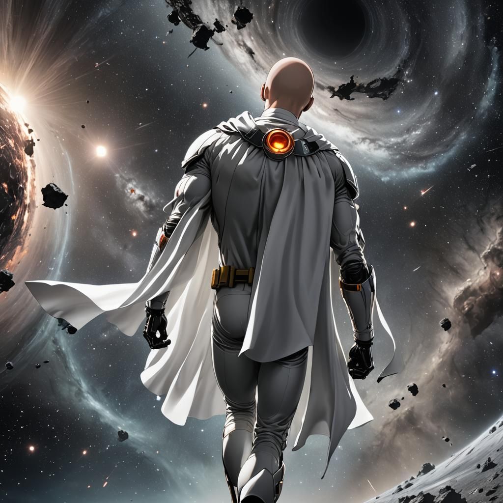 One Punch Man in Space Gazing at Black Hole