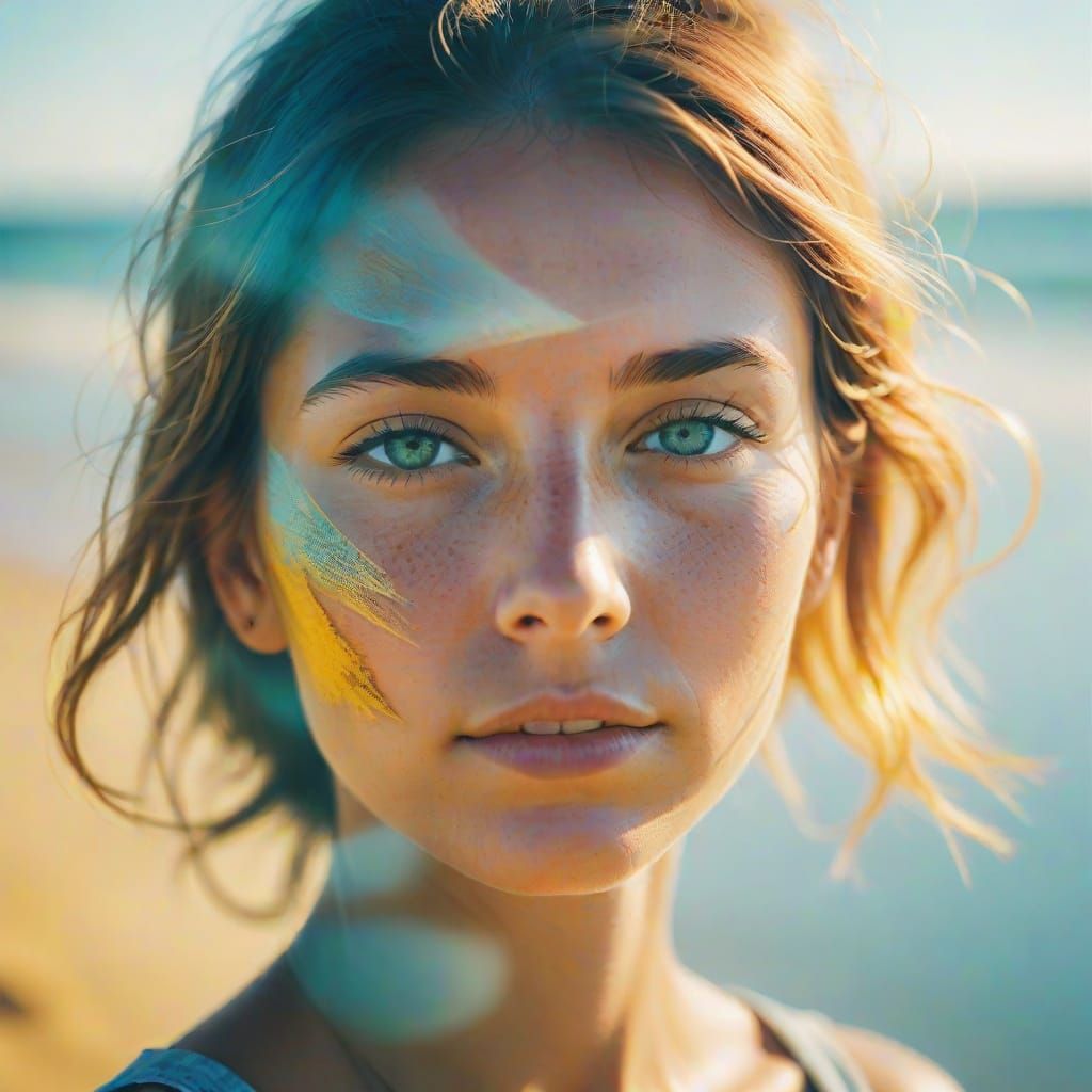 Dreamy Double Exposure Portrait: Woman and Sunny Beach