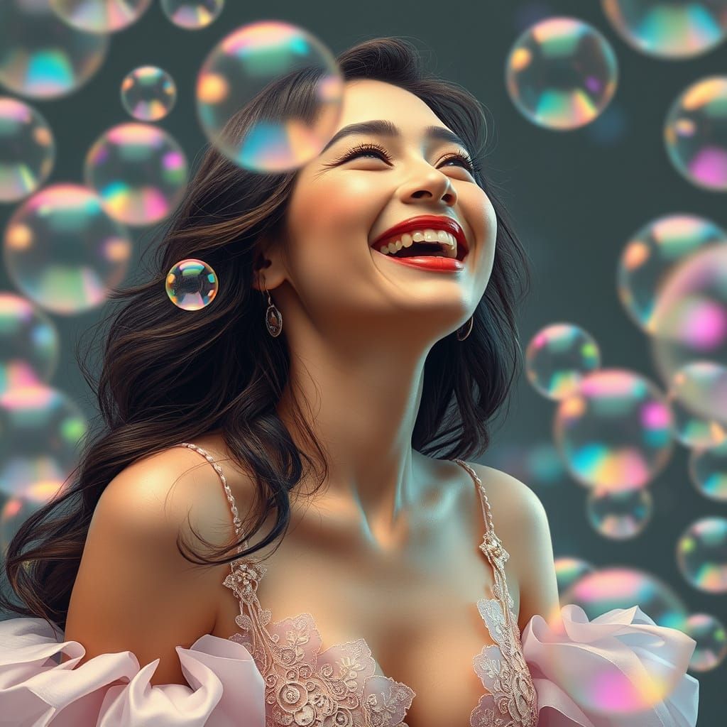 Joyful Woman Surrounded by Iridescent Bubbles