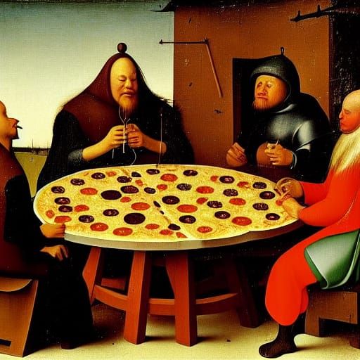 Pizza and Beer Still Life in Bosch Style