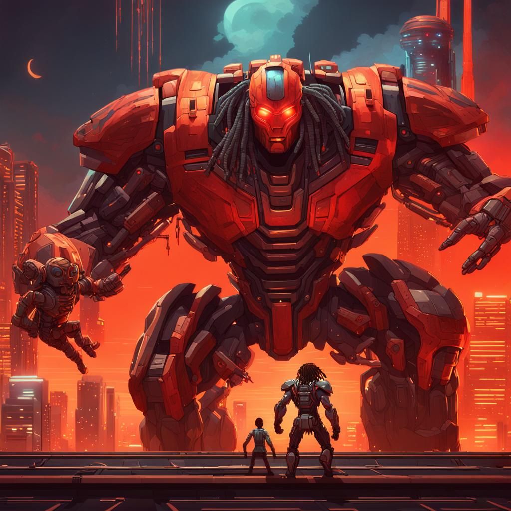 Cyberpunk Robot Battle in Space City