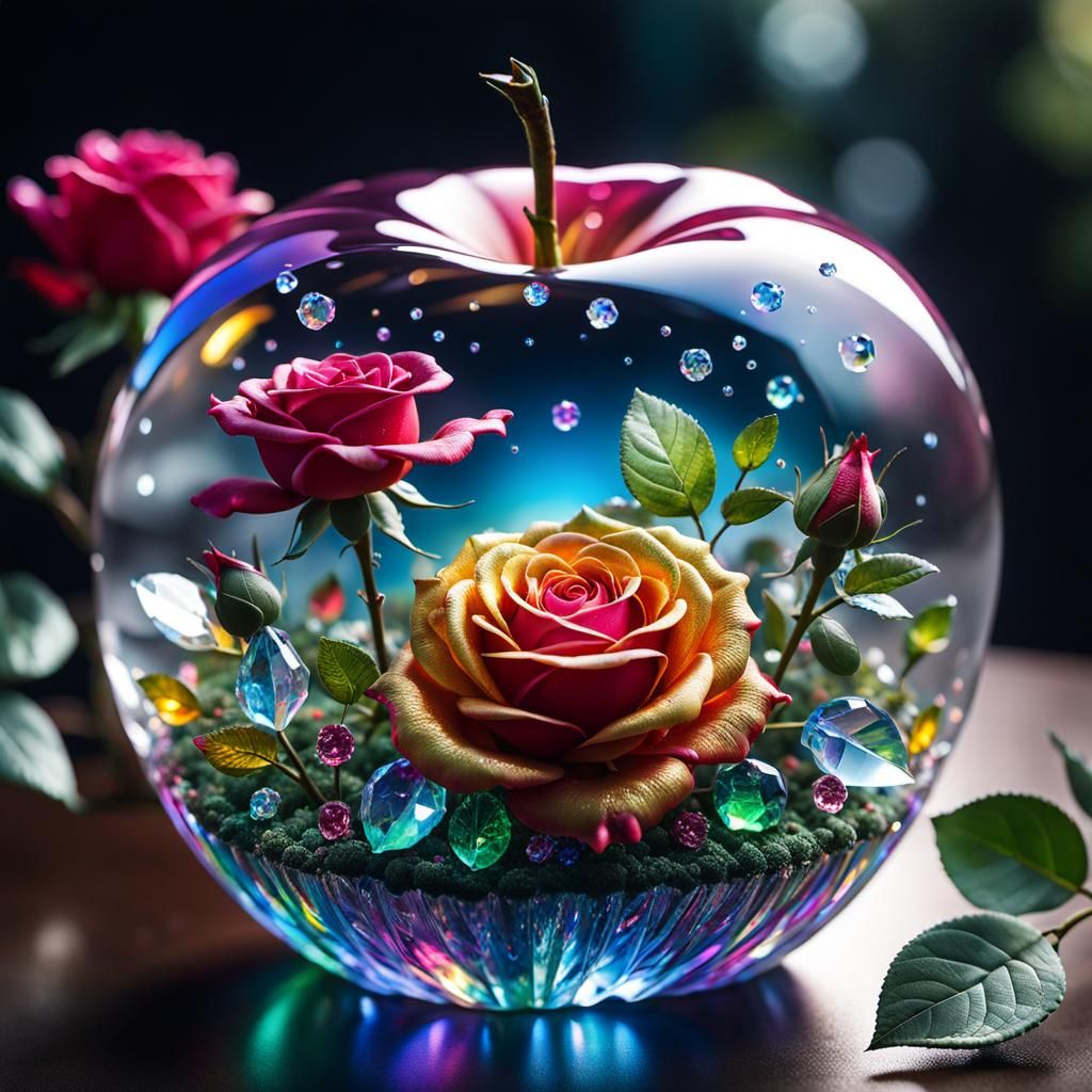Crystal Rose Garden in Glass Apple, Iridescent Artwork