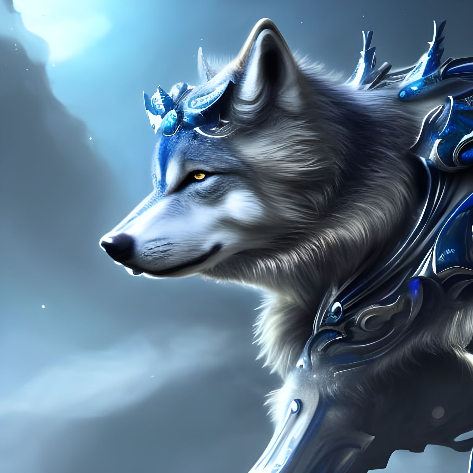 Noble Robotic Wolf with Blue Eyes in Acrylic Ink