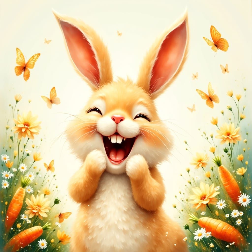 Cartoon Bunny Laughing in a Spring Garden