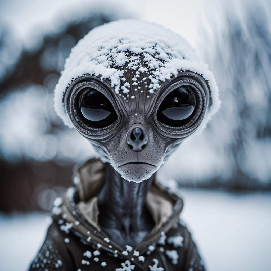 Detailed Alien Portrait in Snowy Macro Photography