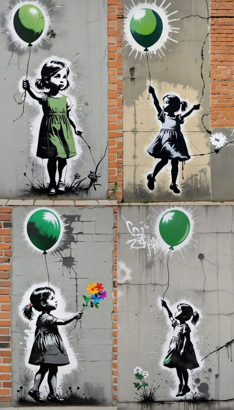 Banksy-Style Graffiti Art: Girl with Flower Balloon