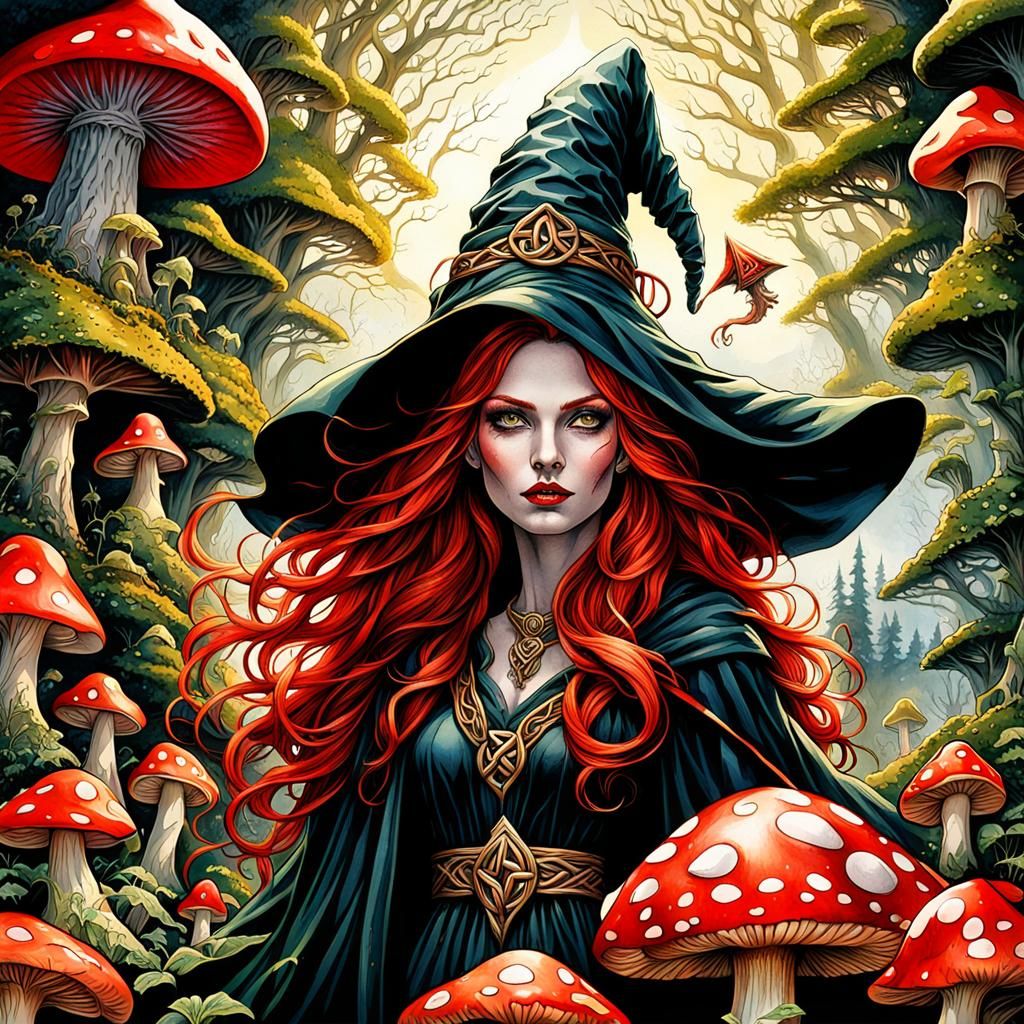 Majestic Celtic Witch in Lush Forest, Gouache Style