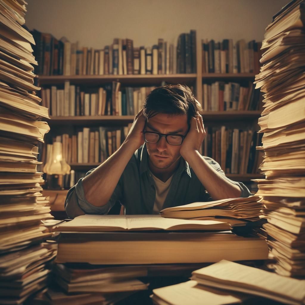 Man Rubbing Eyes in Cozy Study Ambiance