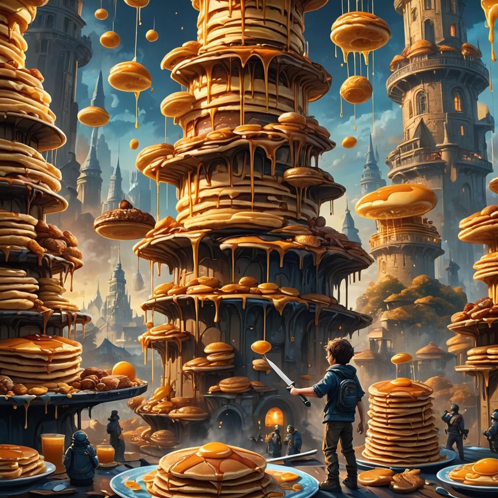 Boy Vanishing Behind Gigantic Pancake Tower
